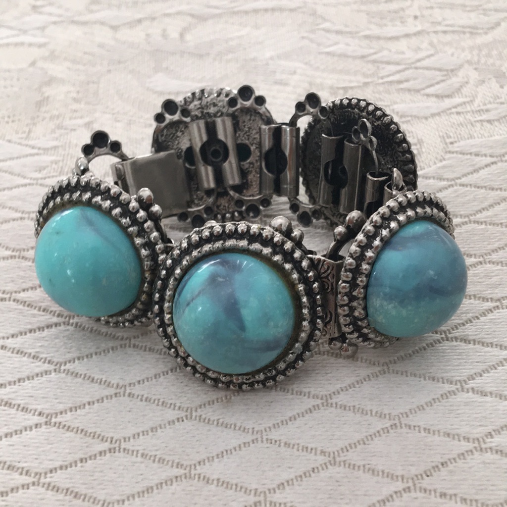 Antique Bracelet Silver And Aqua Large Beads